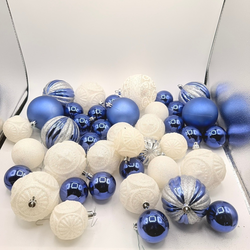 Holiday Time Shatterproof Christmas Ornaments 40ct Blue White Silver
